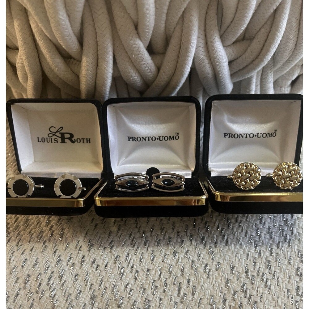 VTG Pronto Uomo Men’s Shirt Formal Cufflinks Lot Of 3 In Orig Case